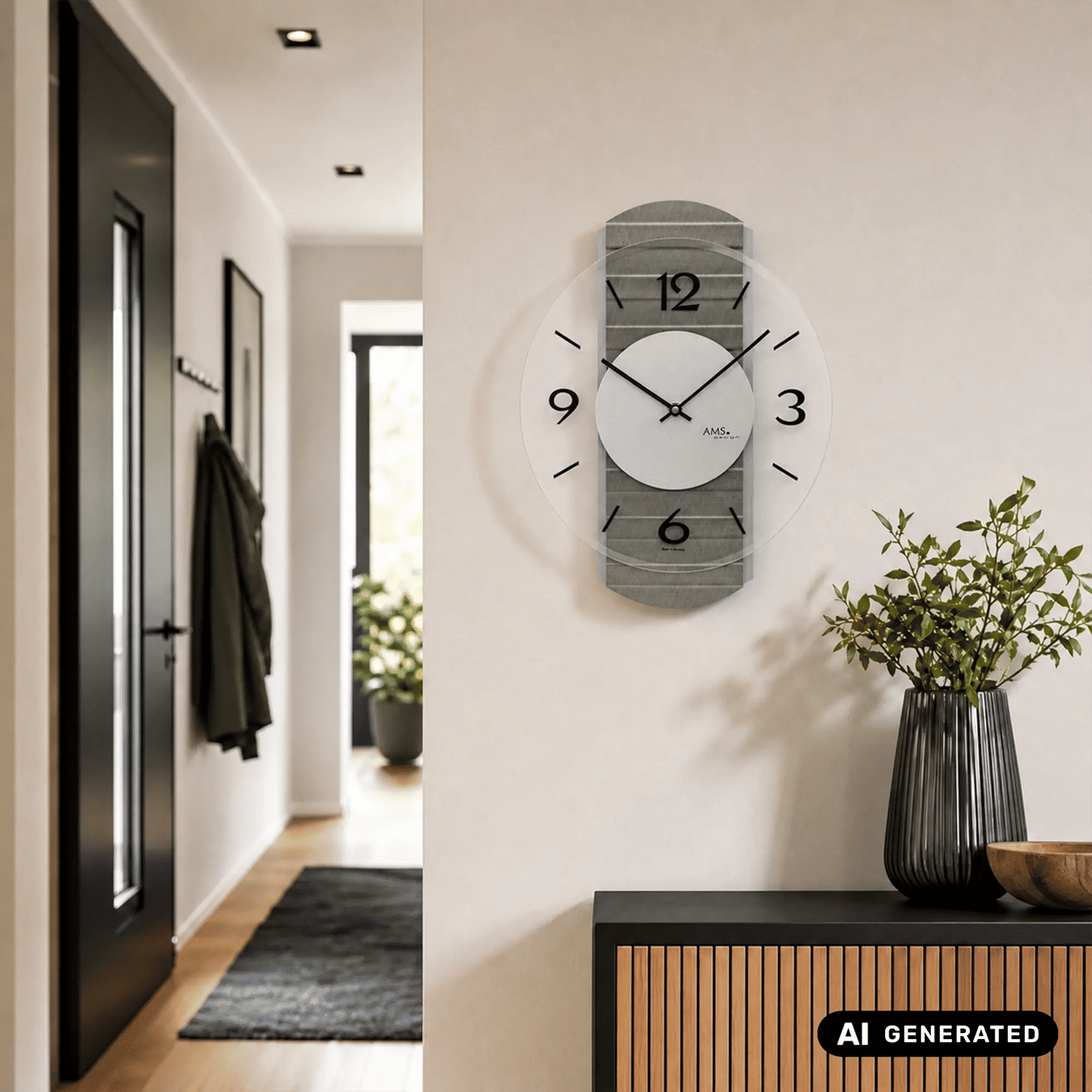 Wanduhr am Metallrahmen mit Facettenglas, graues Gehäuse, schwarze Ziffern 3,6,9,12