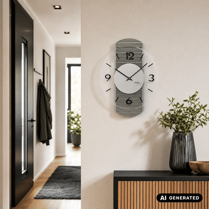 Wanduhr am Metallrahmen mit Facettenglas, graues Gehäuse, schwarze Ziffern 3,6,9,12