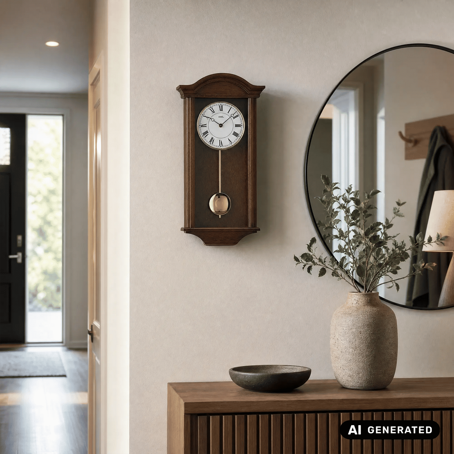 Wanduhr an der Wand im Nussbaumgehäuse mit rundem Ziffernblatt und Pendel