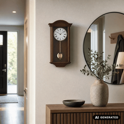 Wanduhr an der Wand im Nussbaumgehäuse mit rundem Ziffernblatt und Pendel