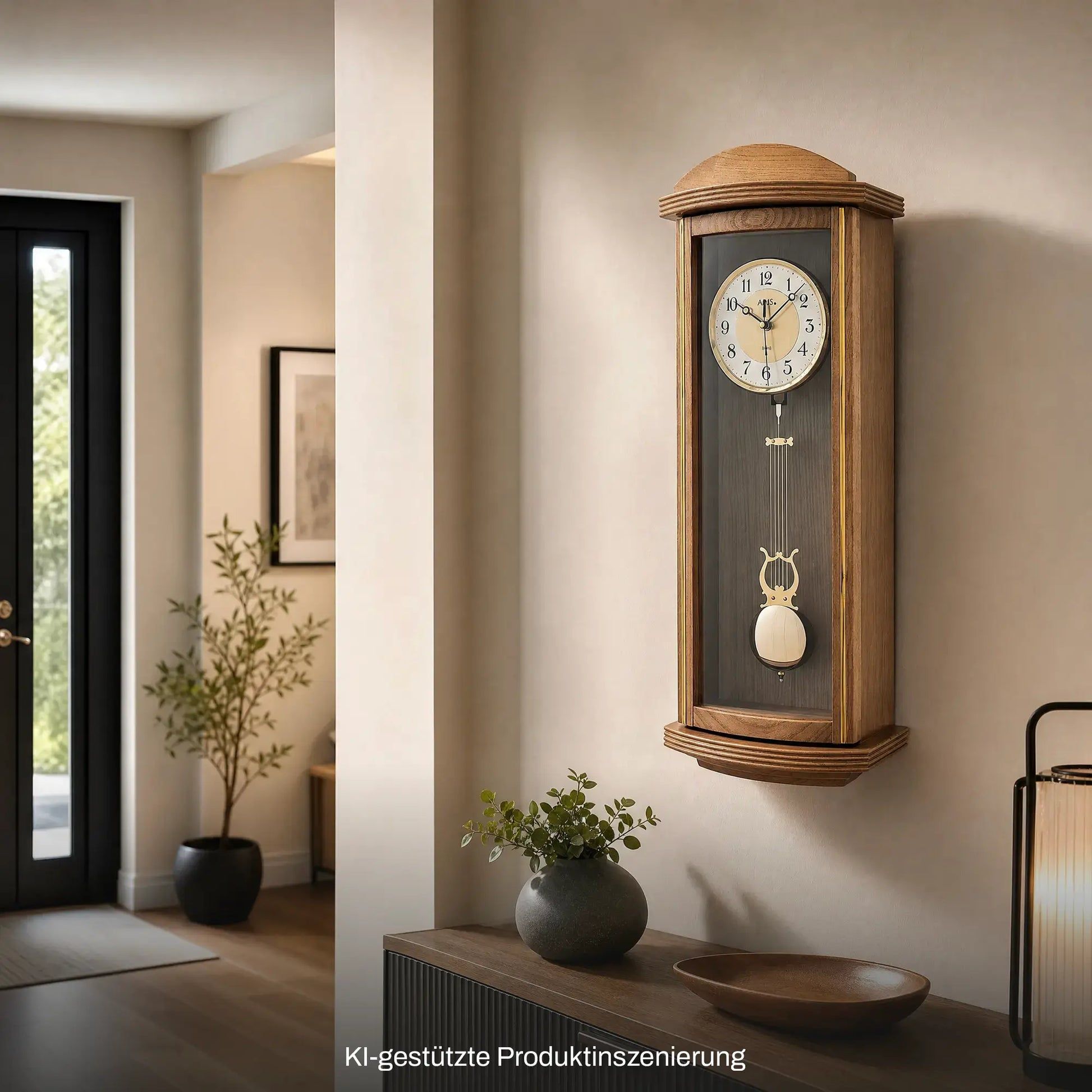 Holzwanduhr mit Pendel, Glasfront und goldfarbenen Zeigern, eichelfarbener Rahmen
