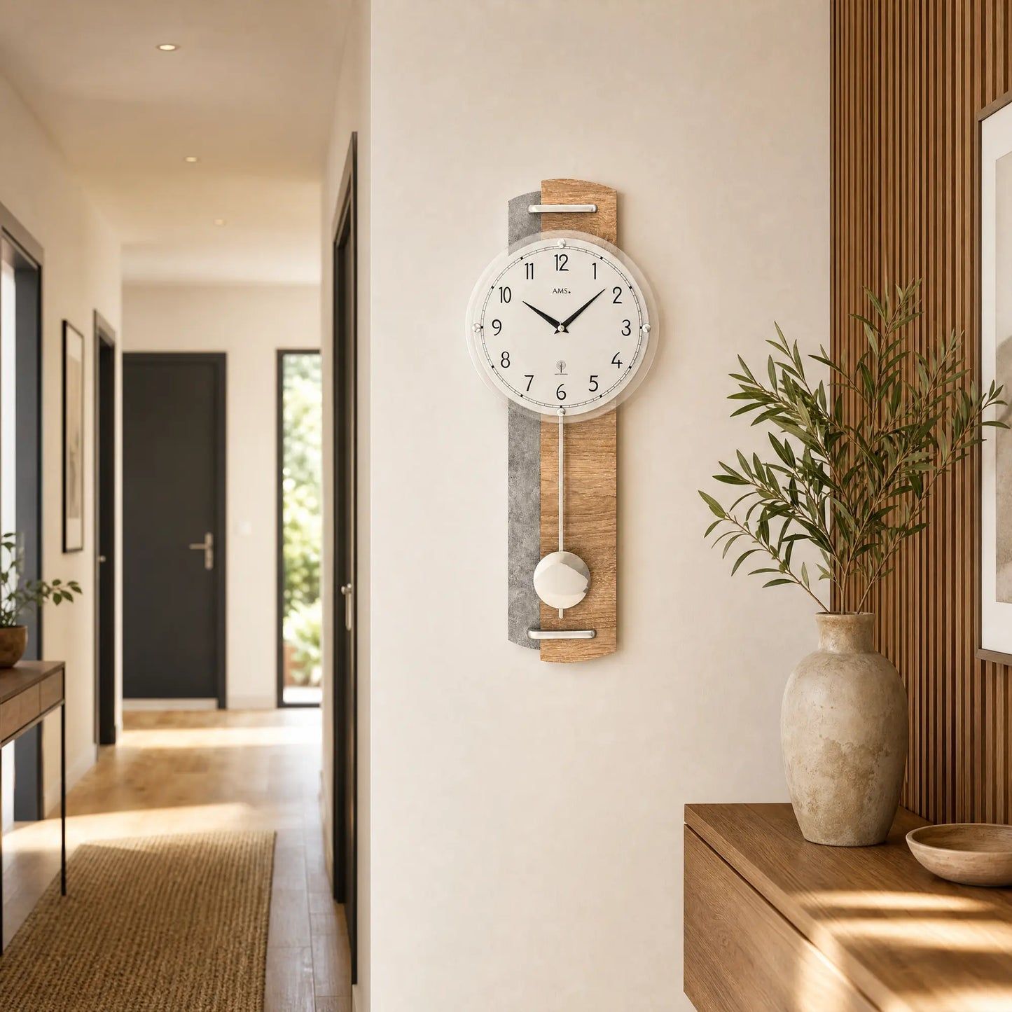 Funk-Wanduhr mit Holzgehäuse und grauem Einsatz, Pendelwerk mit weißem Deckel