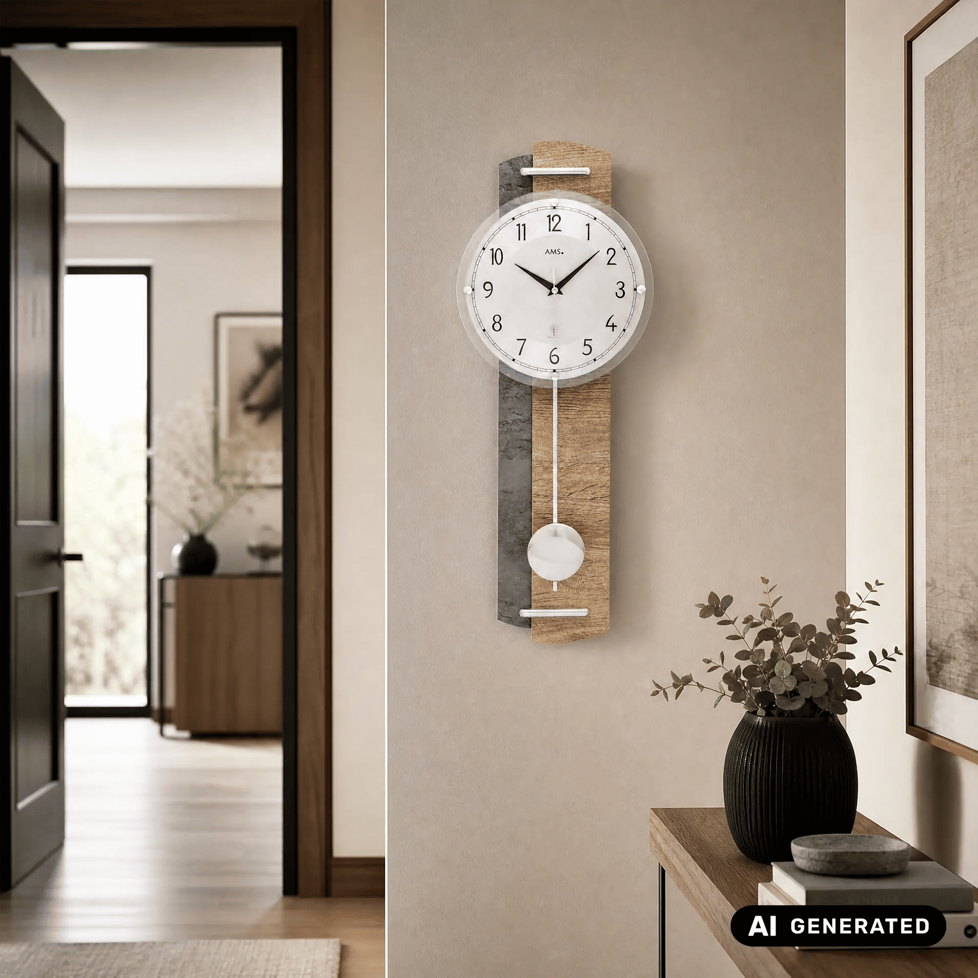 Wanduhr mit Holzgehäuse und weißem Zifferblatt, analoger Anzeige, sichtbarer Pendelkugel.