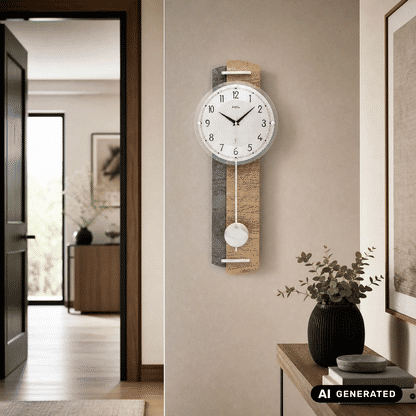 Wanduhr mit Holzgehäuse und weißem Zifferblatt, analoger Anzeige, sichtbarer Pendelkugel.
