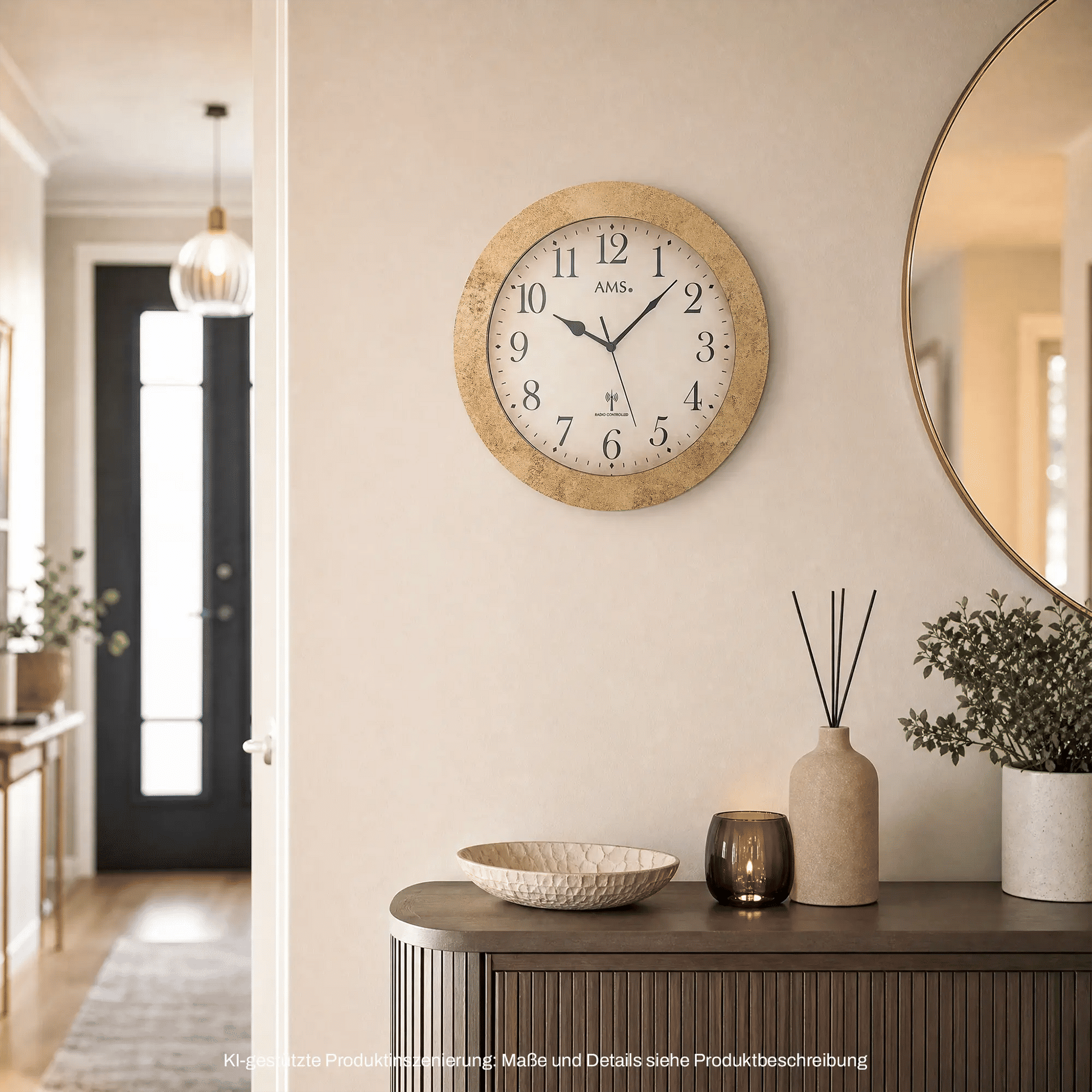 Orologio da parete con cornice effetto legno beige granulato e quadrante bianco