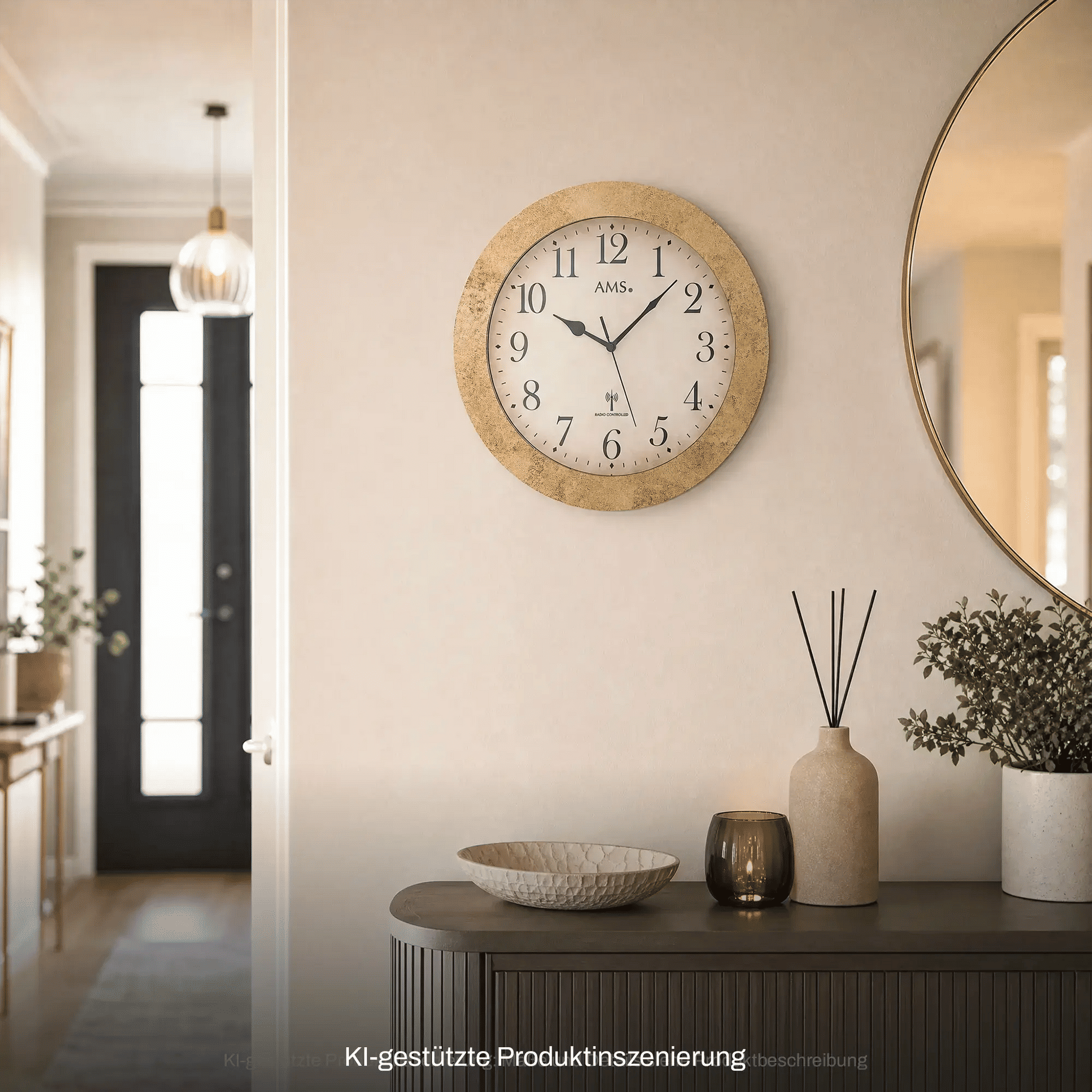 Wanduhr mit goldenem Strukturrahmen, Mineralglas, Zifferblatt mit AMS und römischen Zahlen