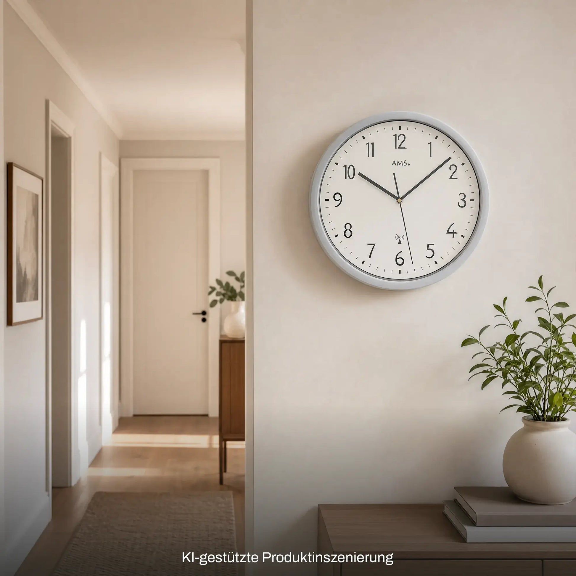 Funk-Wanduhr mit Holzoptik-Gehäuse und analogem Ziffernblatt, Markenanzeige AMS