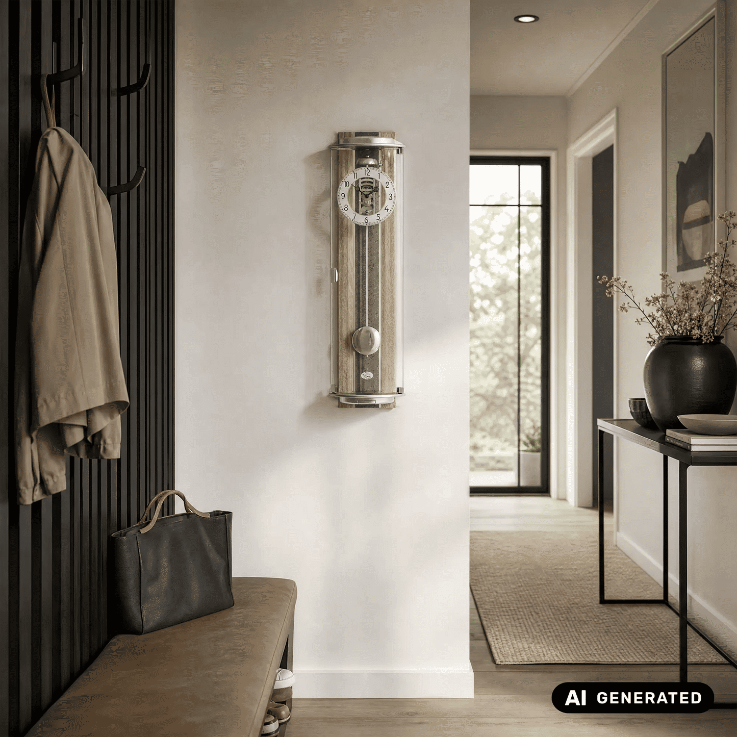 Wanduhr mit Metallrahmen, Mineralglas und silbernem Pendel an der Wand