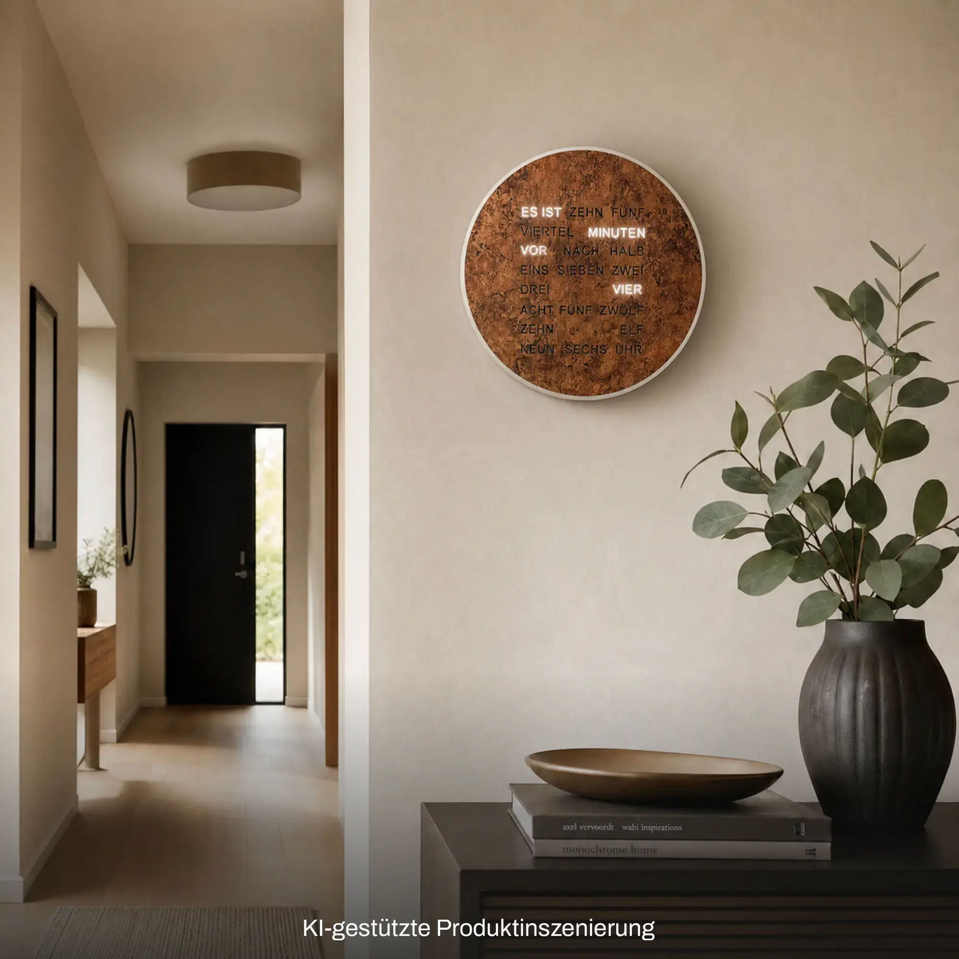 Runde LED-Wortuhr im Kupfer-Look an der Wand mit Wortanzeige