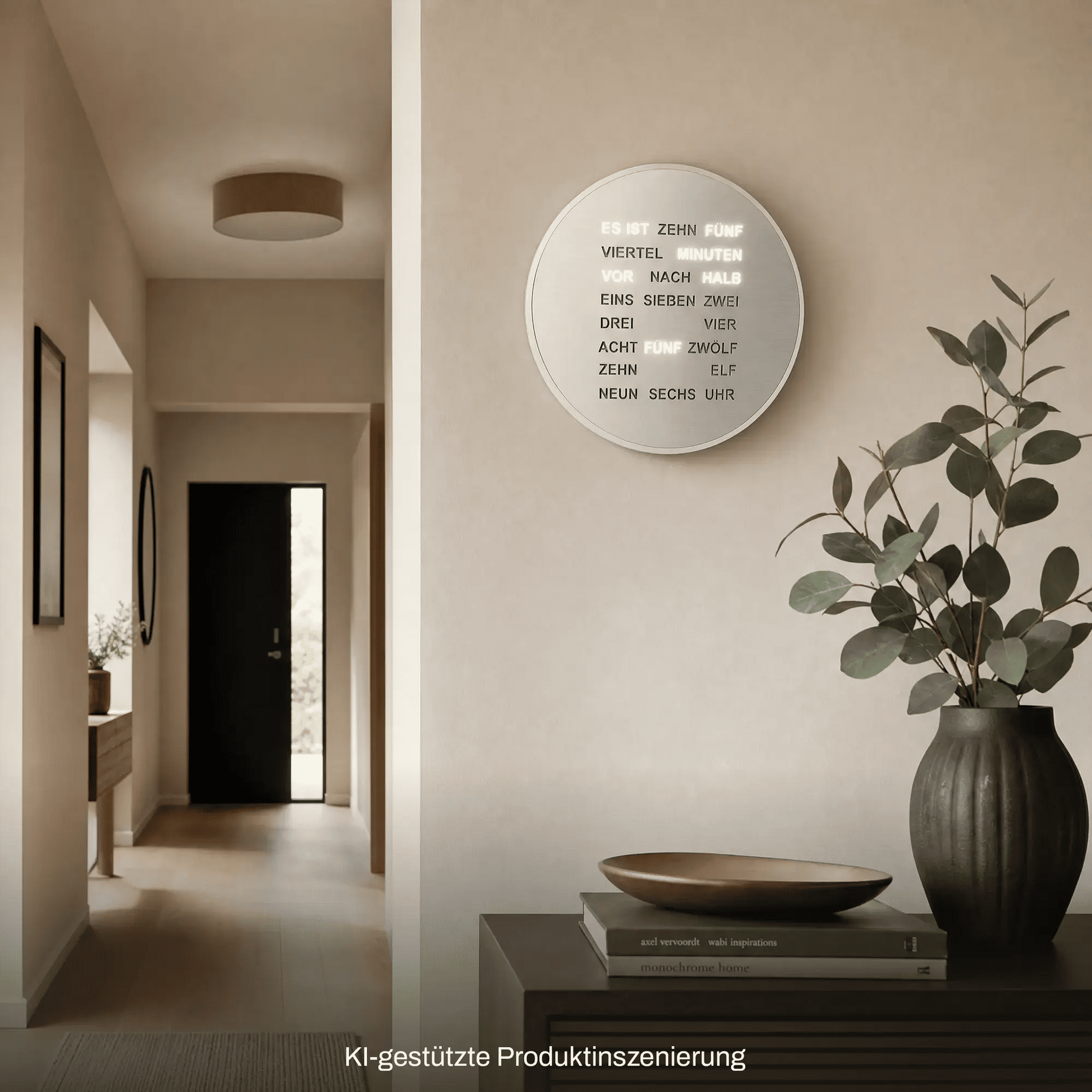Runde LED-Wortanzeige-Uhr an der Wand, silbernes Runddisplay mit Zeitwörtern
