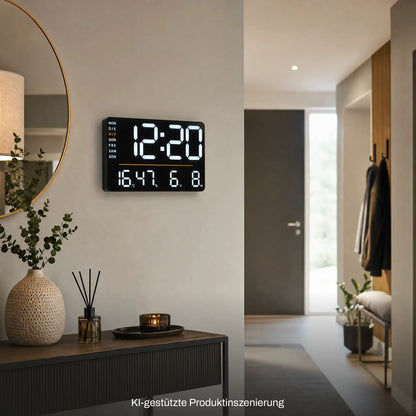 Digitale Tisch- und Wanduhr mit LED-Zeit- und Temperaturanzeige, an Wandmontage