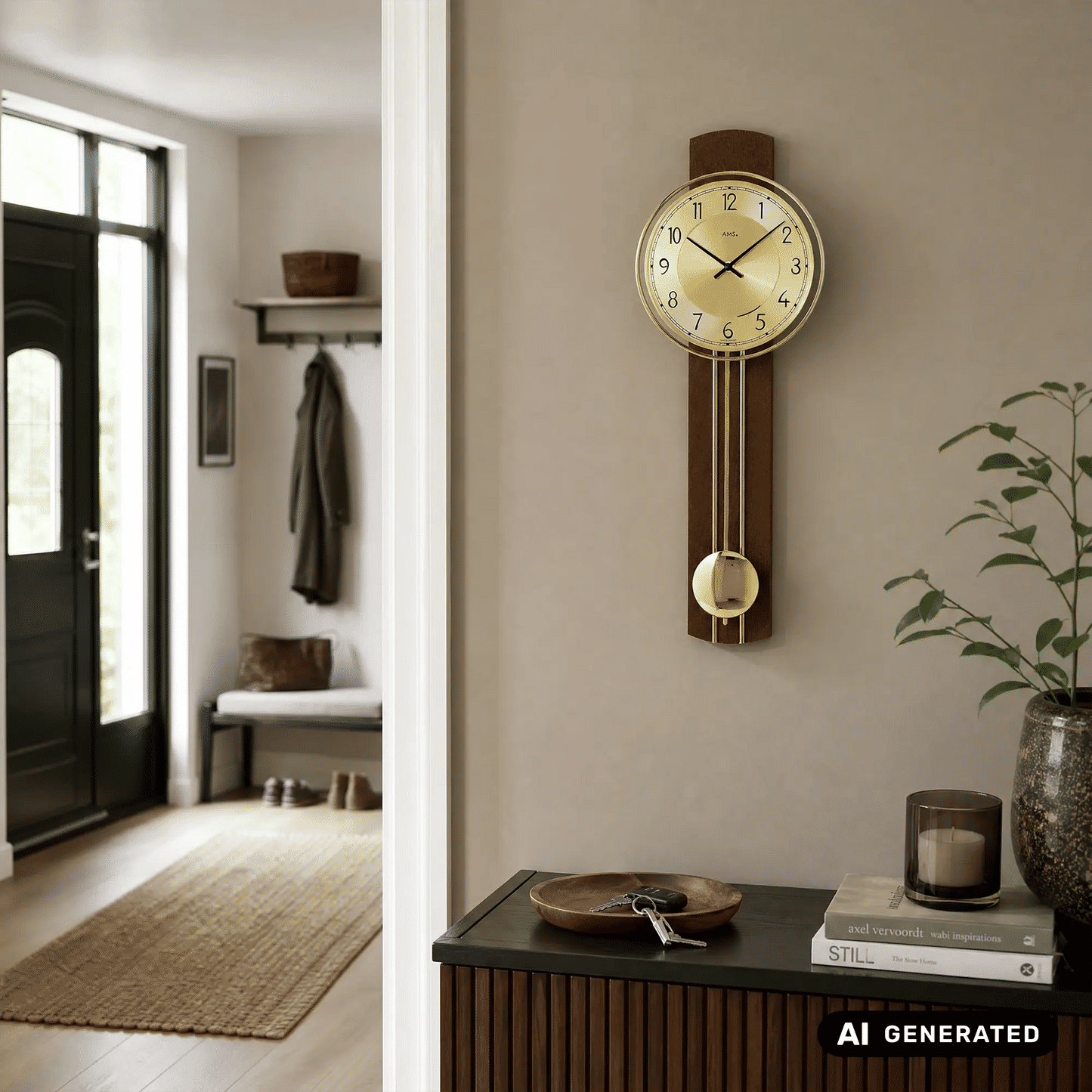 AMS W7115/1 Zegar ścienny orzechowy • Mechanizm kwarcowy z wahadłem • Obudowa z litego drewna