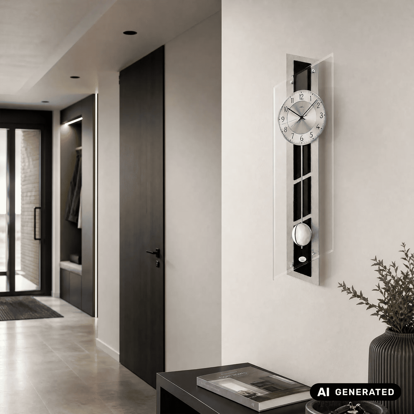 Zegar ścienny AMS W7217 srebrny • mechanizm kwarcowy z wahadłem • aluminium na łupku