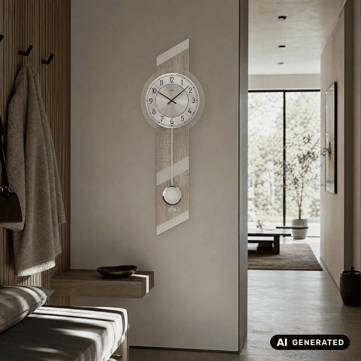 Wanduhr an der Wand mit rundem Zifferblatt und großer Pendelscheibe im Holzrahmen