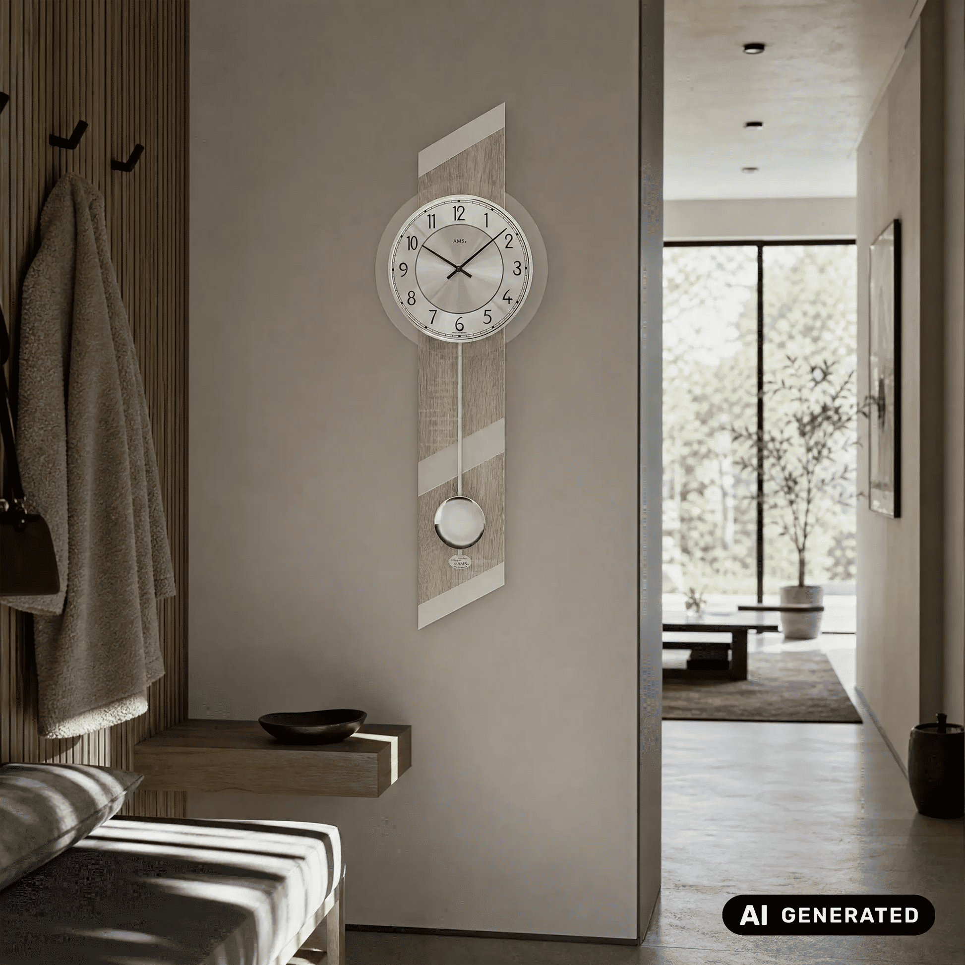 Wanduhr an der Wand mit rundem Zifferblatt und großer Pendelscheibe im Holzrahmen