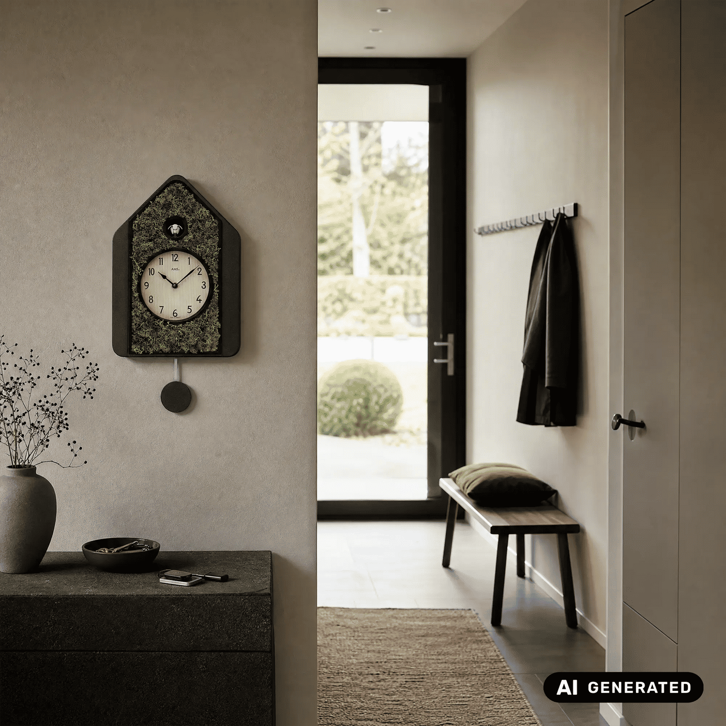 Orologio a pendolo AMS Design W7497 • Inserto in vero muschio • Movimento al quarzo con richiamo del cuculo