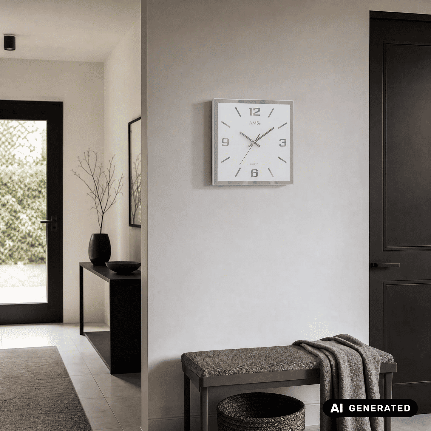 Zegar ścienny AMS W9324 ze szkła lustrzanego • Cichy mechanizm typu sweep • Fasetowane szkło lustrzane