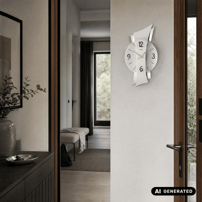 Zegar ścienny AMS Remini W9398, aluminium • Wygięta nakładka aluminiowa • Szkło mineralne, wyprodukowano w Niemczech