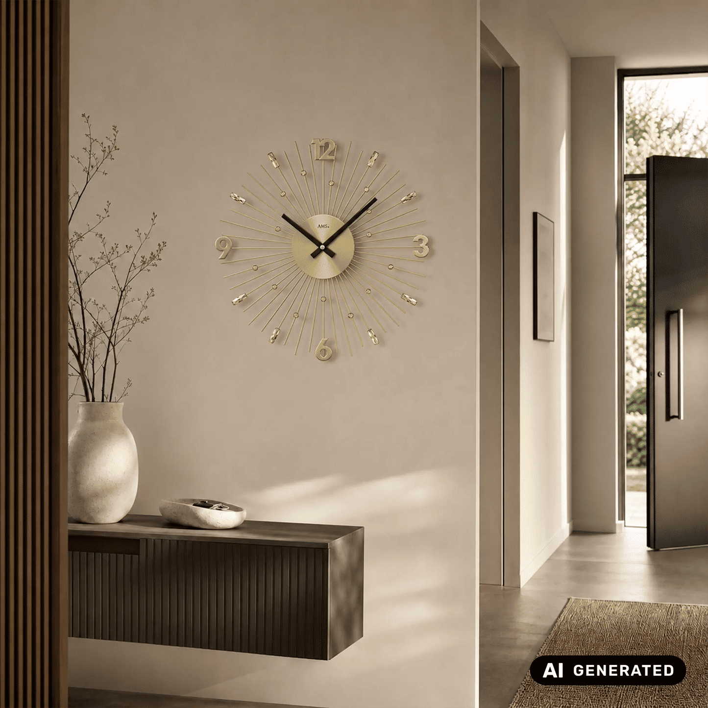 Wanduhr mit goldfarbenem Ziffernblatt, schwarzen Zeigern und sternförmig angeordneten Metallstäben