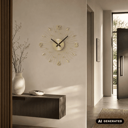 Wanduhr mit goldfarbenem Ziffernblatt, schwarzen Zeigern und sternförmig angeordneten Metallstäben