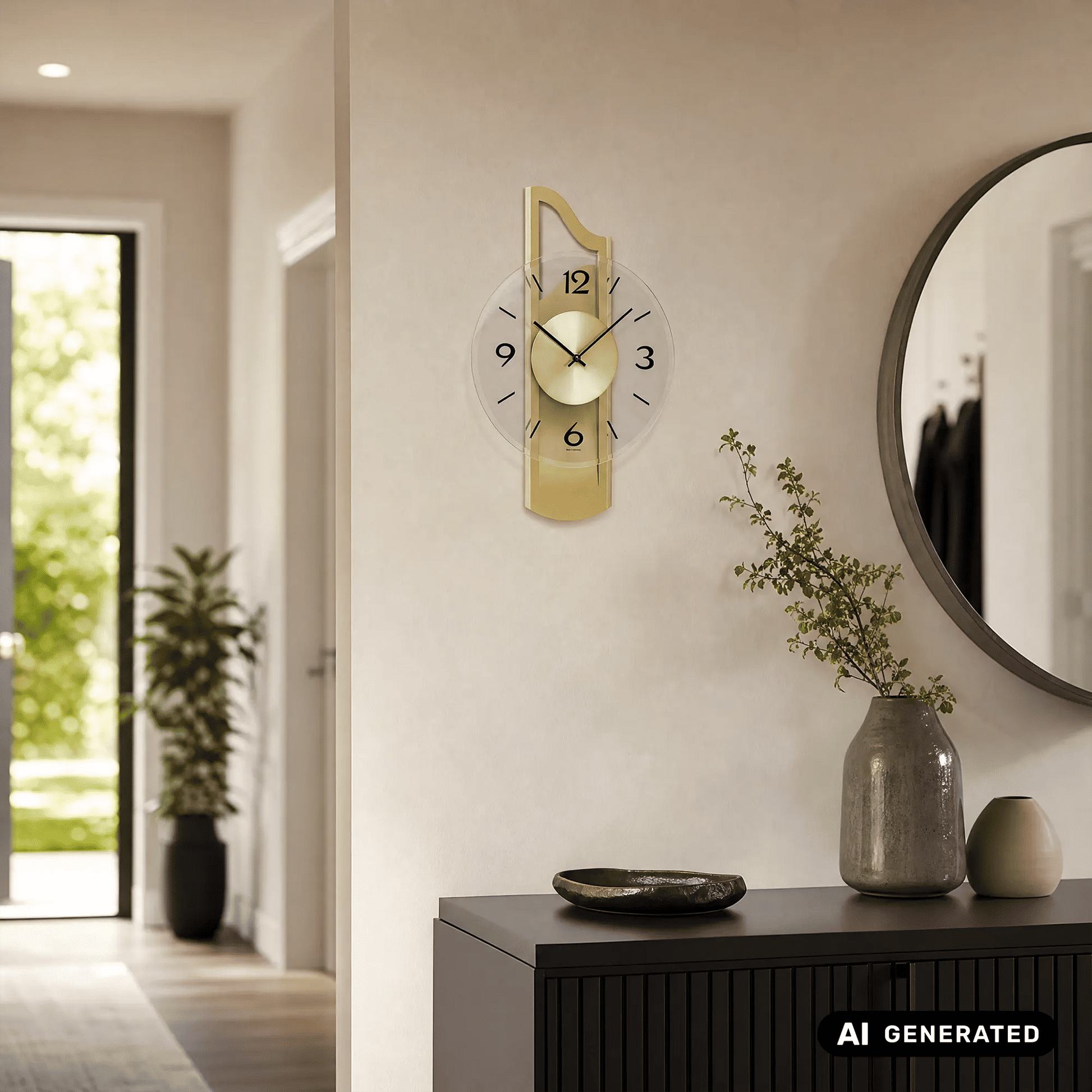 Wandmontierte Wanduhr: messingfarbene Holzoptik, weißes Zifferblatt und facettiertes Mineralglas