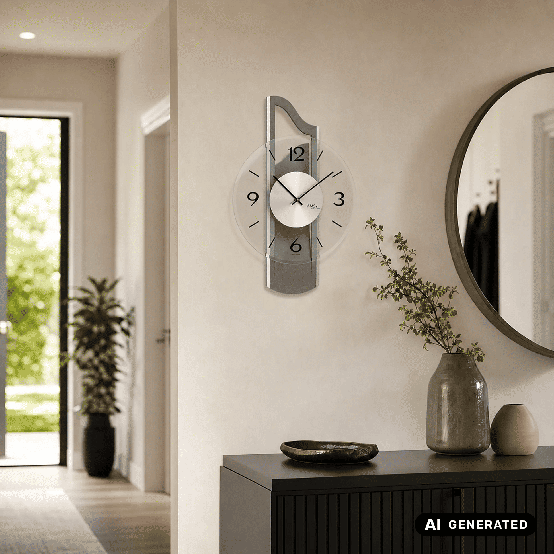 Wanduhr mit anthrazitfarbenem Gehäuse und Facetten-Mineralglas, runde Zifferblattoptik, AMS.