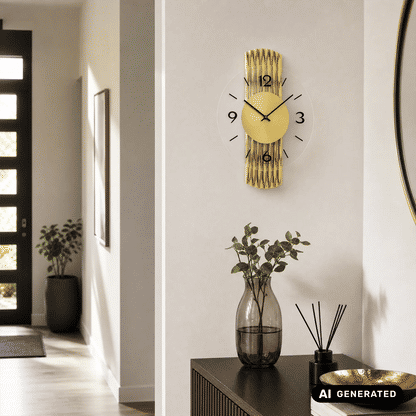 Wanduhr an heller Wand mit gelbem Ziffernblatt, schwarzen Zeigern und goldfarbener Rückseite