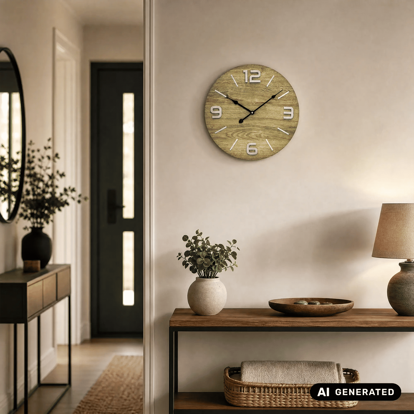 Runde Wanduhr in Holz-Optik mit Metallziffern, Indexen und schwarzen Zeigern