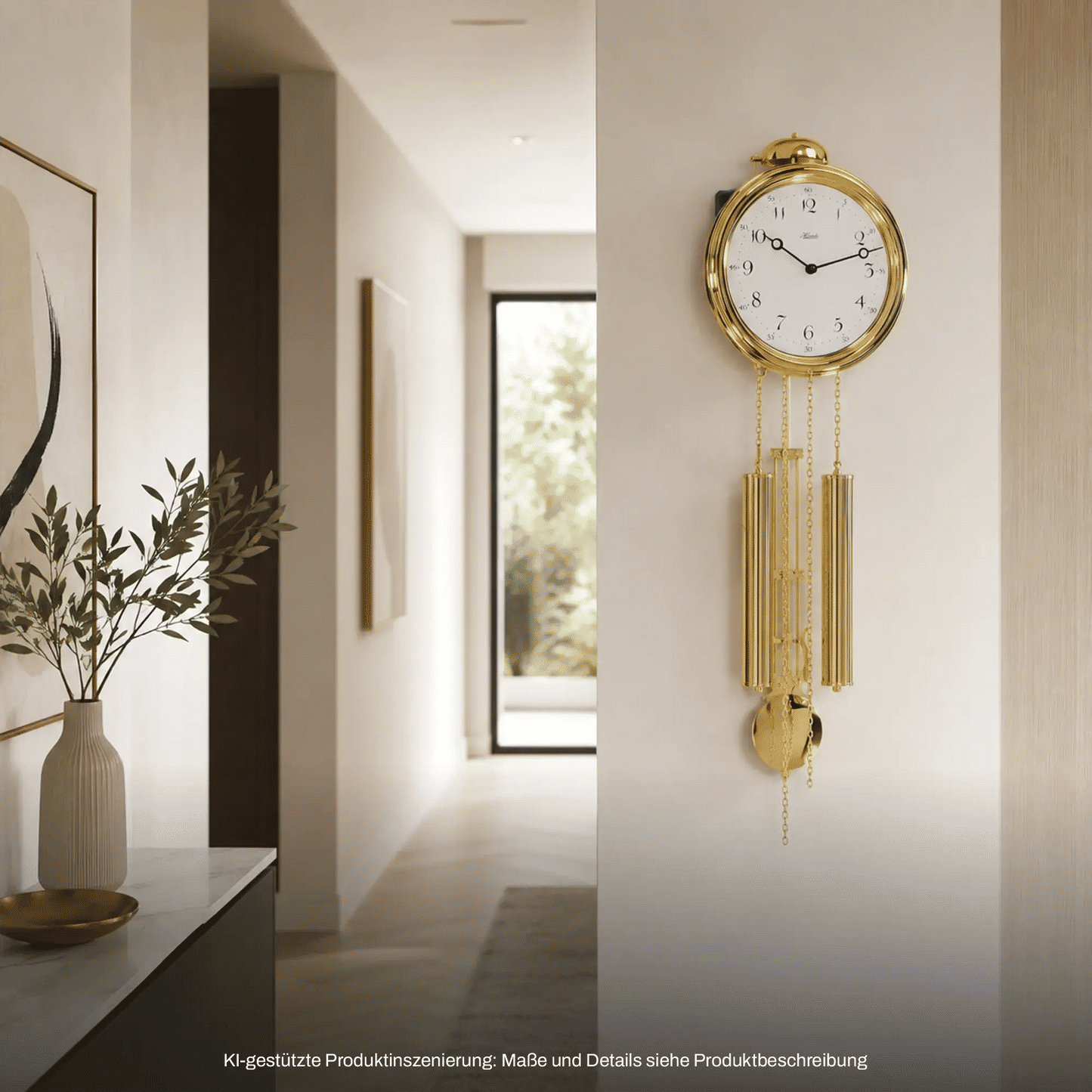 Wanduhr mit rundem Metallgehäuse, goldfarbenem Zifferblatt und hängenden Pendelgewichten