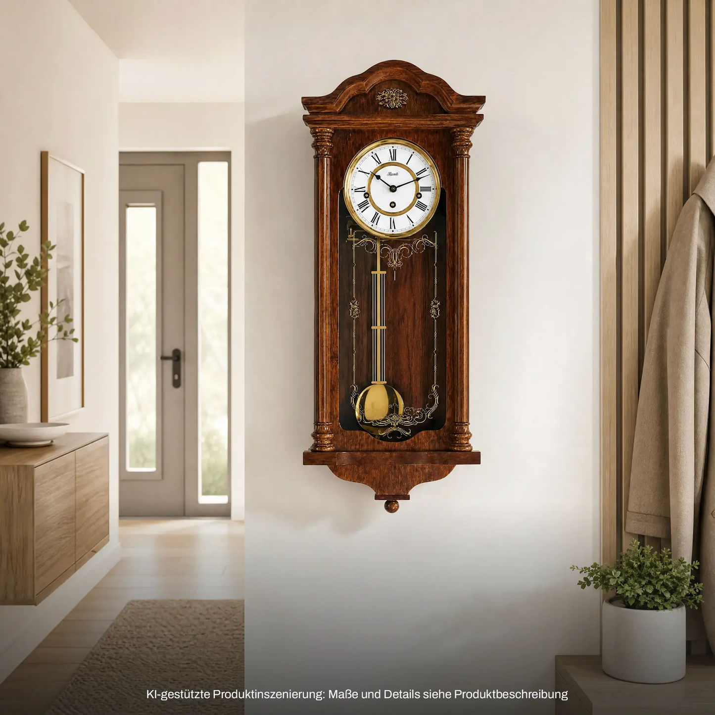 Holz-Wanduhr an der Wand, rundes Ziffernblatt mit Pendelgewicht und vergoldeten Akzenten.