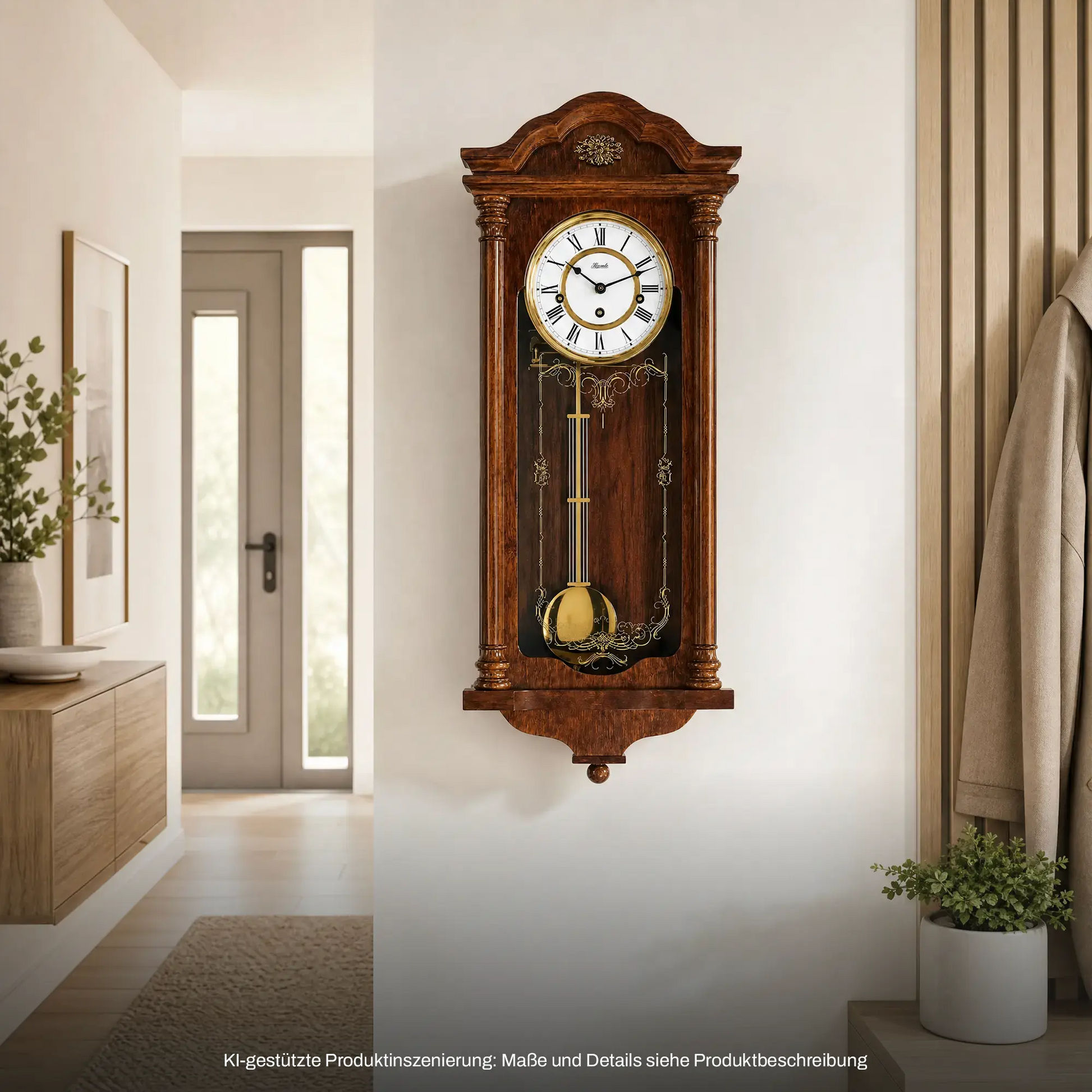 Holz-Wanduhr an der Wand, rundes Ziffernblatt mit Pendelgewicht und vergoldeten Akzenten.