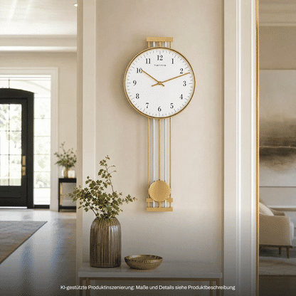 Runde Messing-Wanduhr mit weißem Zifferblatt und Pendelstäben, goldene Pendelkugel