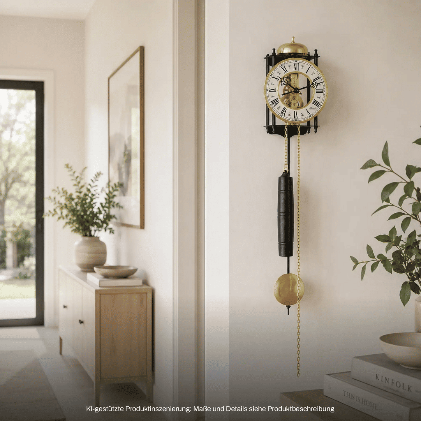 Wanduhr mit rundem Ziffernblatt, goldenen Pendelgewichten und schwarzem Kettenzug