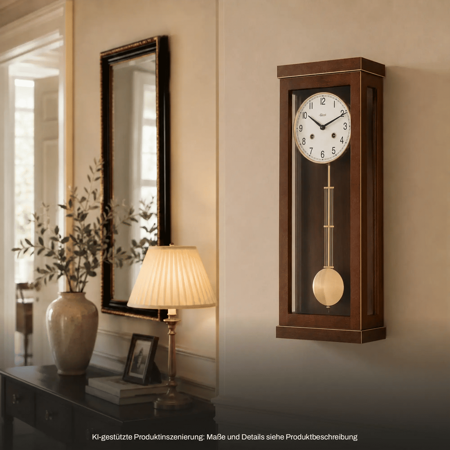 Wanduhr aus Holz mit rundem Zifferblatt, klarer Front und pendelndem Gewichts-Anhänger
