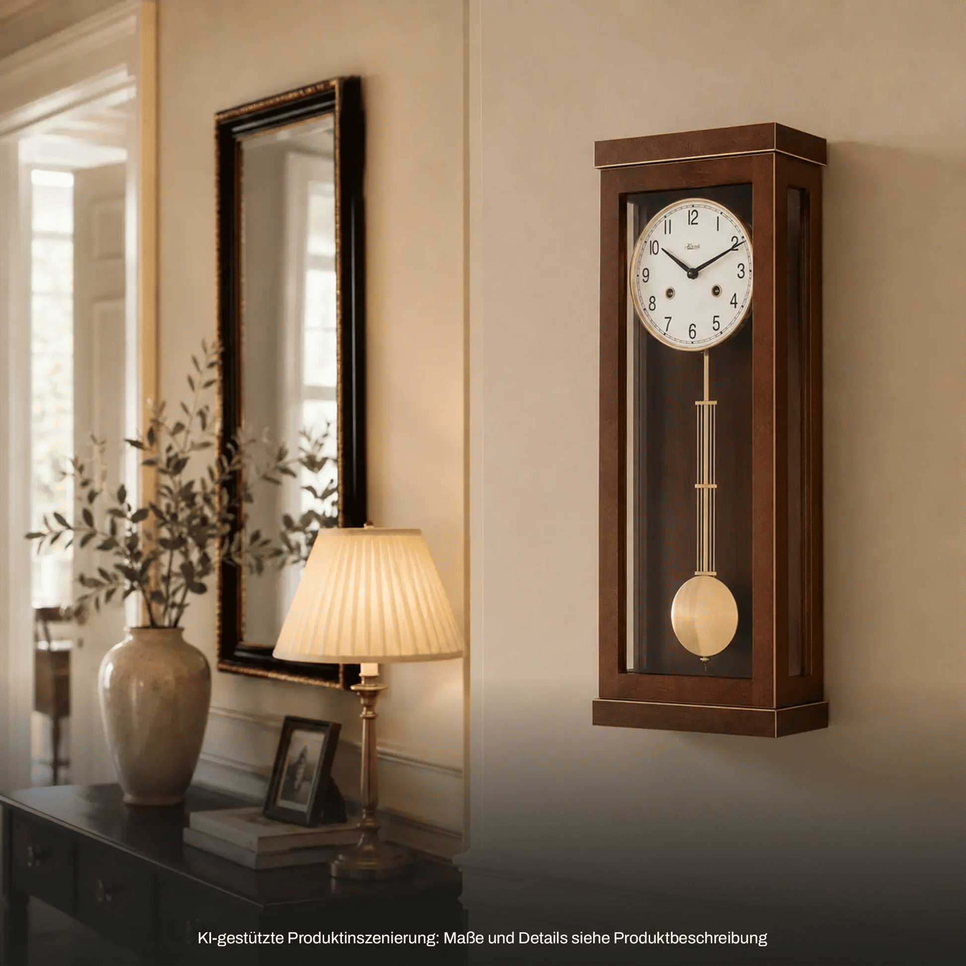 Wanduhr aus Holz mit rundem Zifferblatt, klarer Front und pendelndem Gewichts-Anhänger