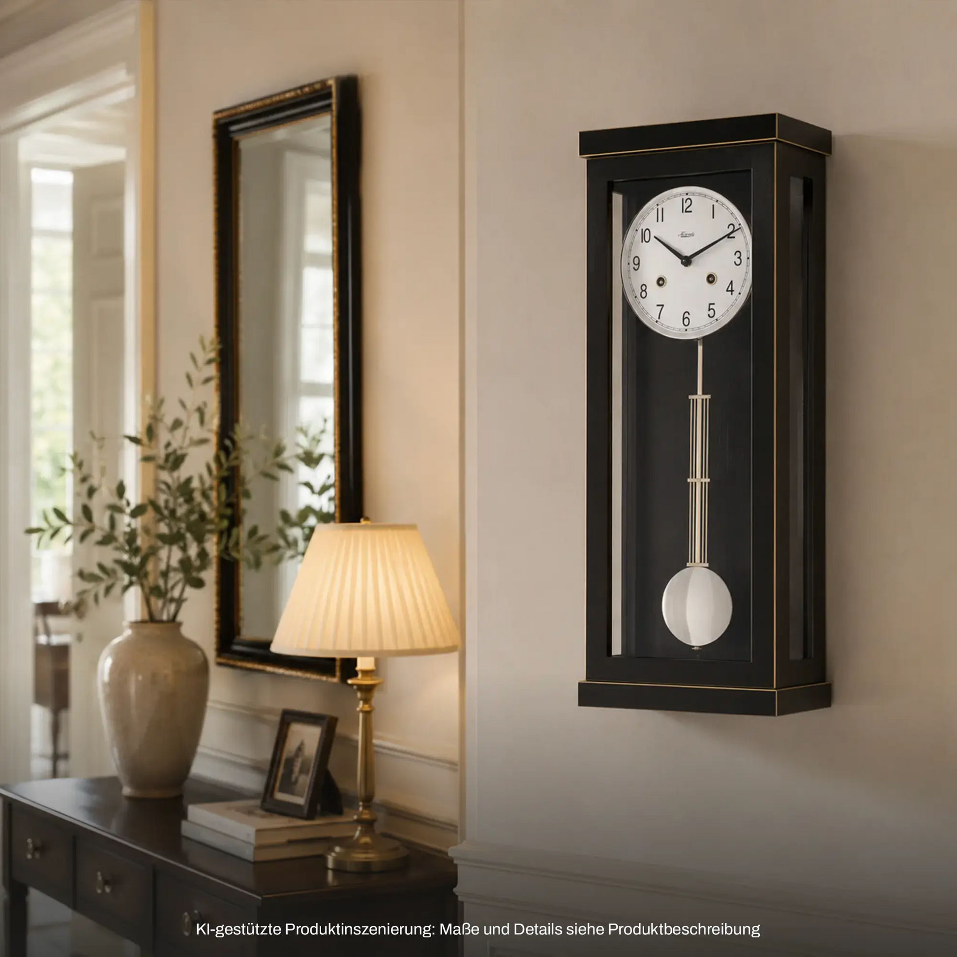 Wanduhr mit dunklem Holzrahmen, rundem Zifferblatt und sichtbarem Pendel mit Kugel
