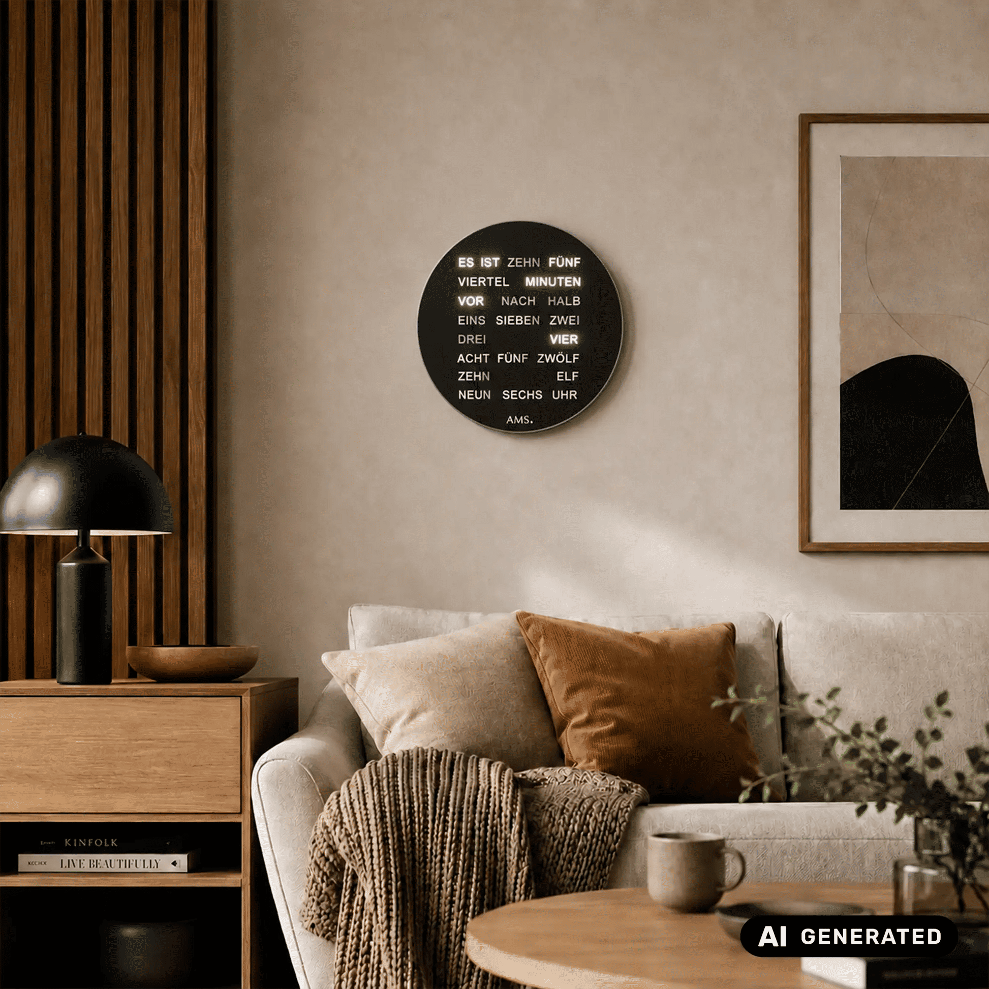 Runde schwarze AMS Quarz-Tisch- und Wanduhr mit Textanzeige, an Wand