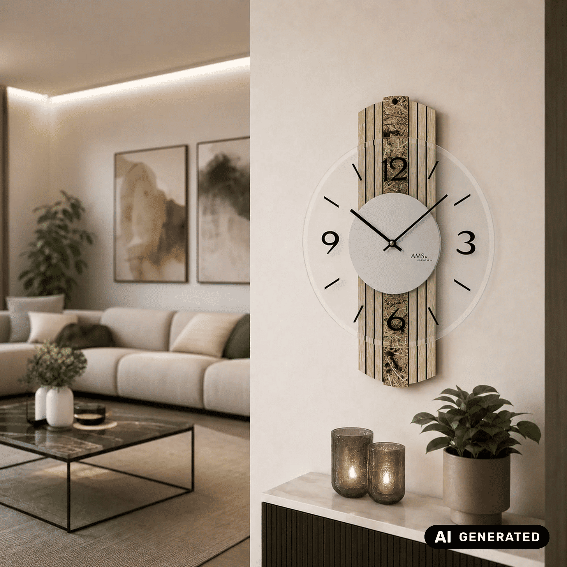 Wanduhr über Sideboard: weißes Ziffernblatt, graue Mitte und vertikales Holzdesign