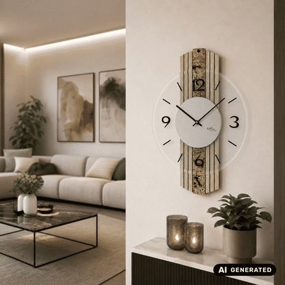 Wanduhr über Sideboard: weißes Ziffernblatt, graue Mitte und vertikales Holzdesign