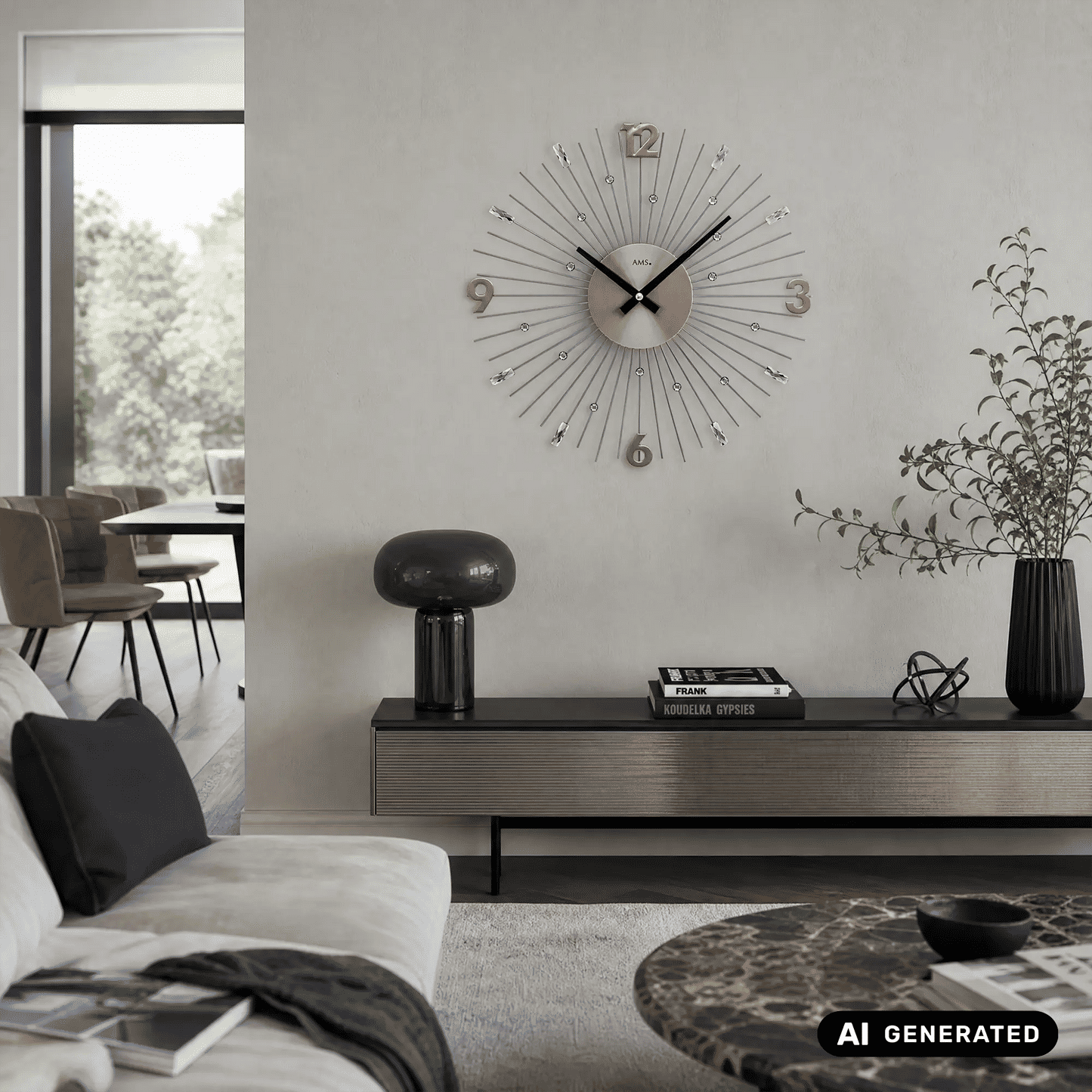 Wanduhr mit anthrazitfarbenem Zifferblatt, Metallstäben und markierten Zahlen auf Wandmontage