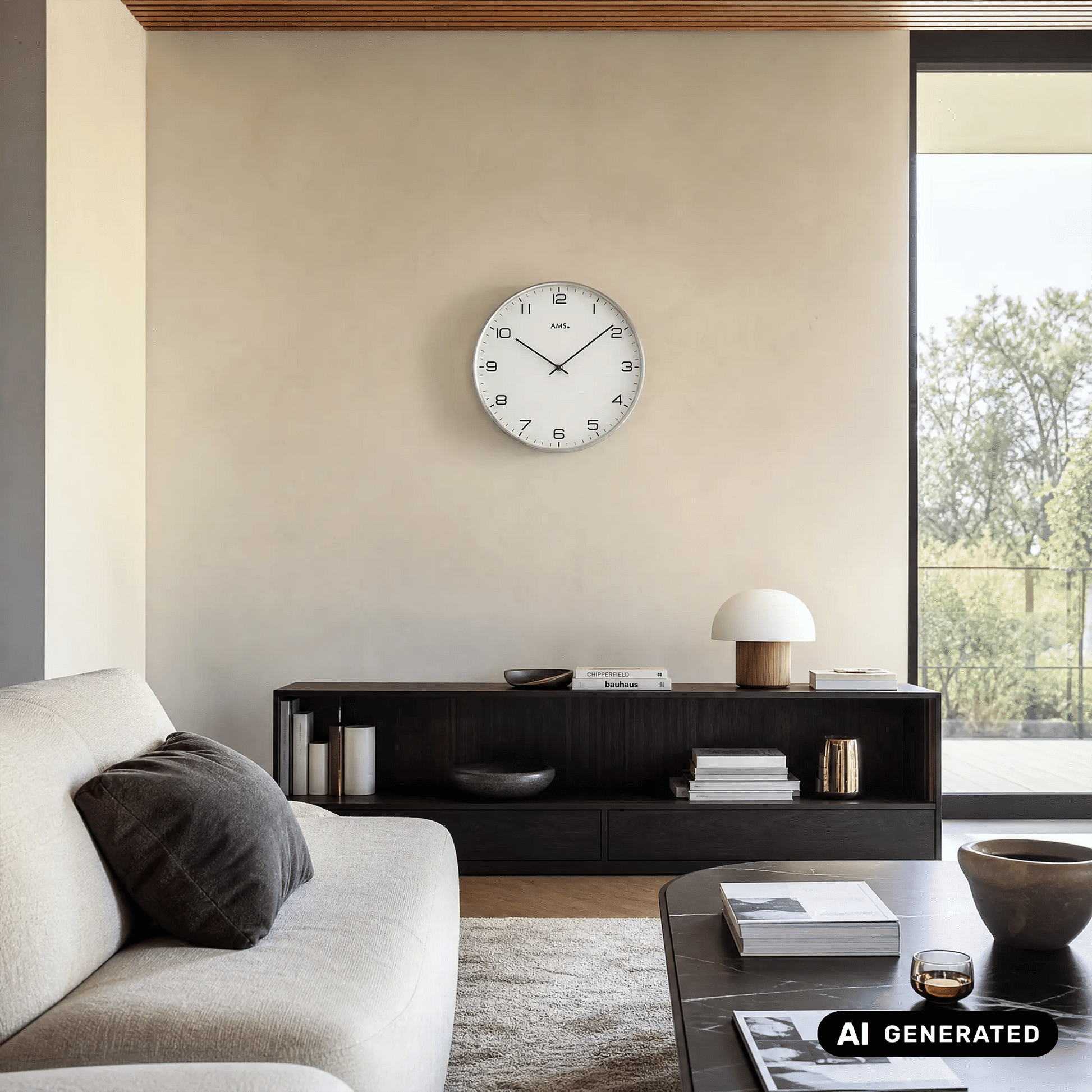 Wanduhr mit vernickeltem Metallrahmen und weißem Zifferblatt, schwarze Ziffern und Zeiger