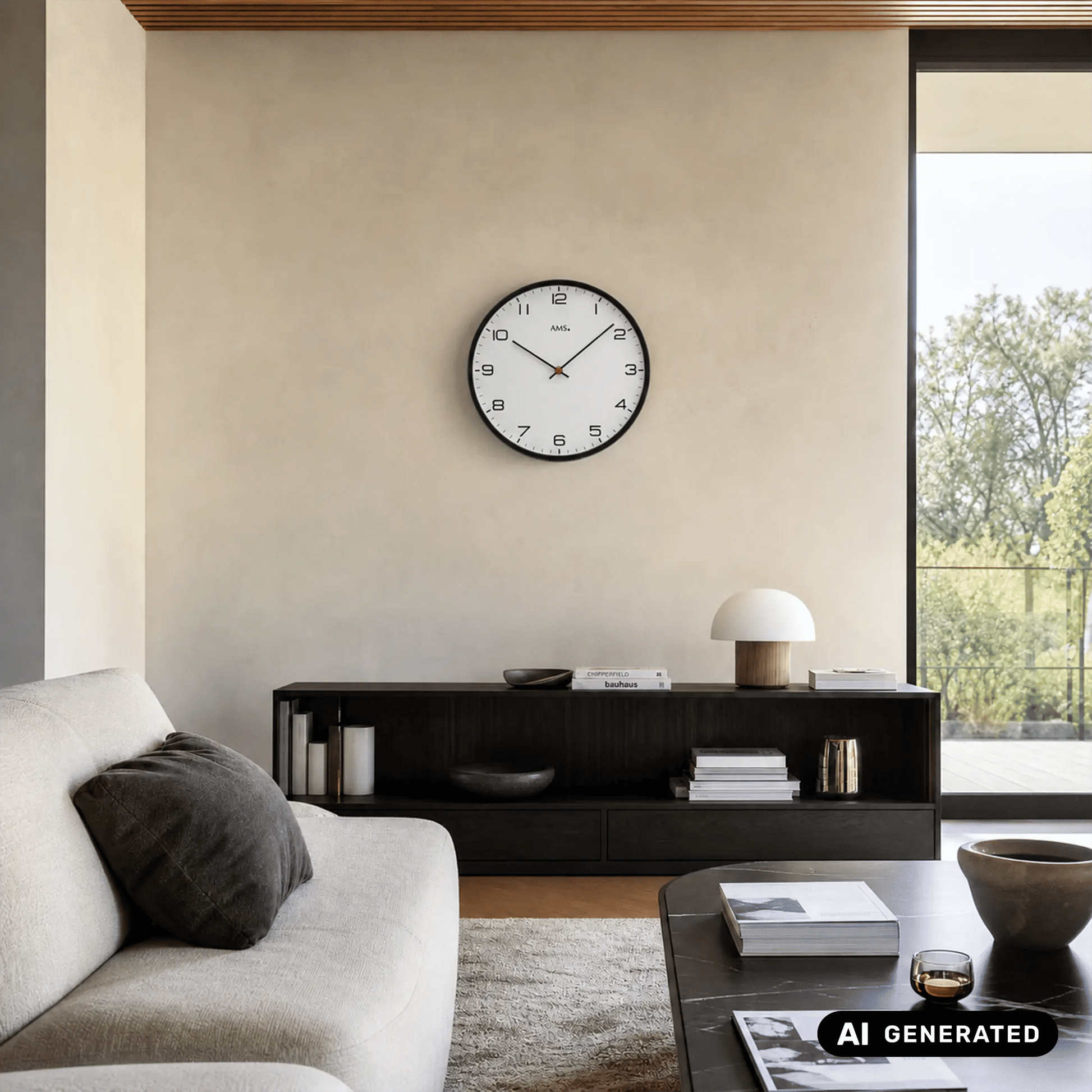 Wanduhr an der Wand mit schwarzem Rand, weißem Zifferblatt, roten Zeigern und AMS-Logo.