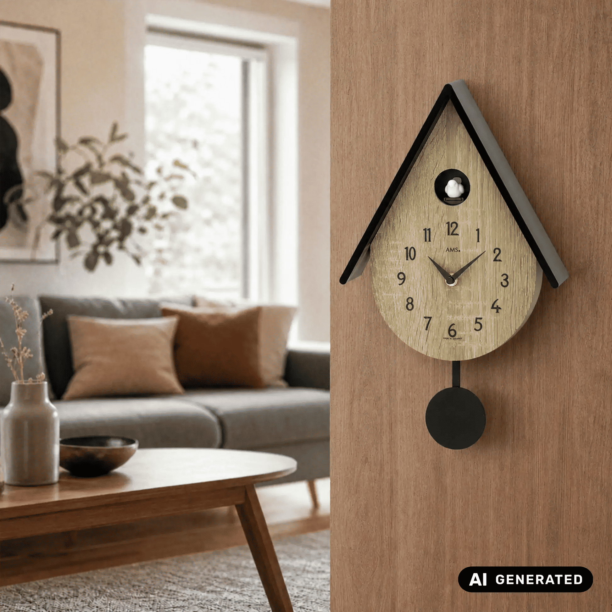 Wanduhr Vogelhaus: Holz-Zifferblatt, schwarze Zahlen, goldfarbene Zeiger und rundes Pendel