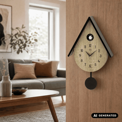Wanduhr Vogelhaus: Holz-Zifferblatt, schwarze Zahlen, goldfarbene Zeiger und rundes Pendel