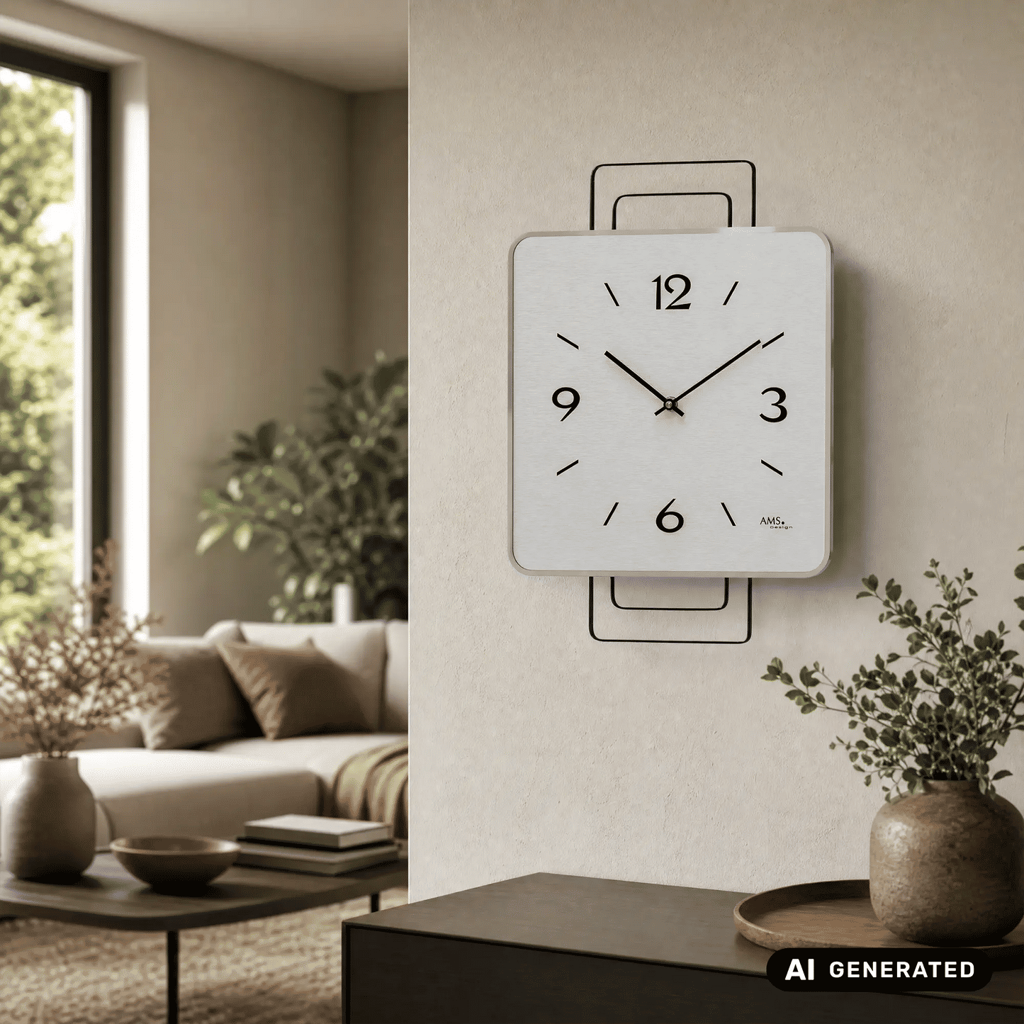 Wanduhr an der Wand mit grauer Front, schwarzen Ziffern und Zeigern