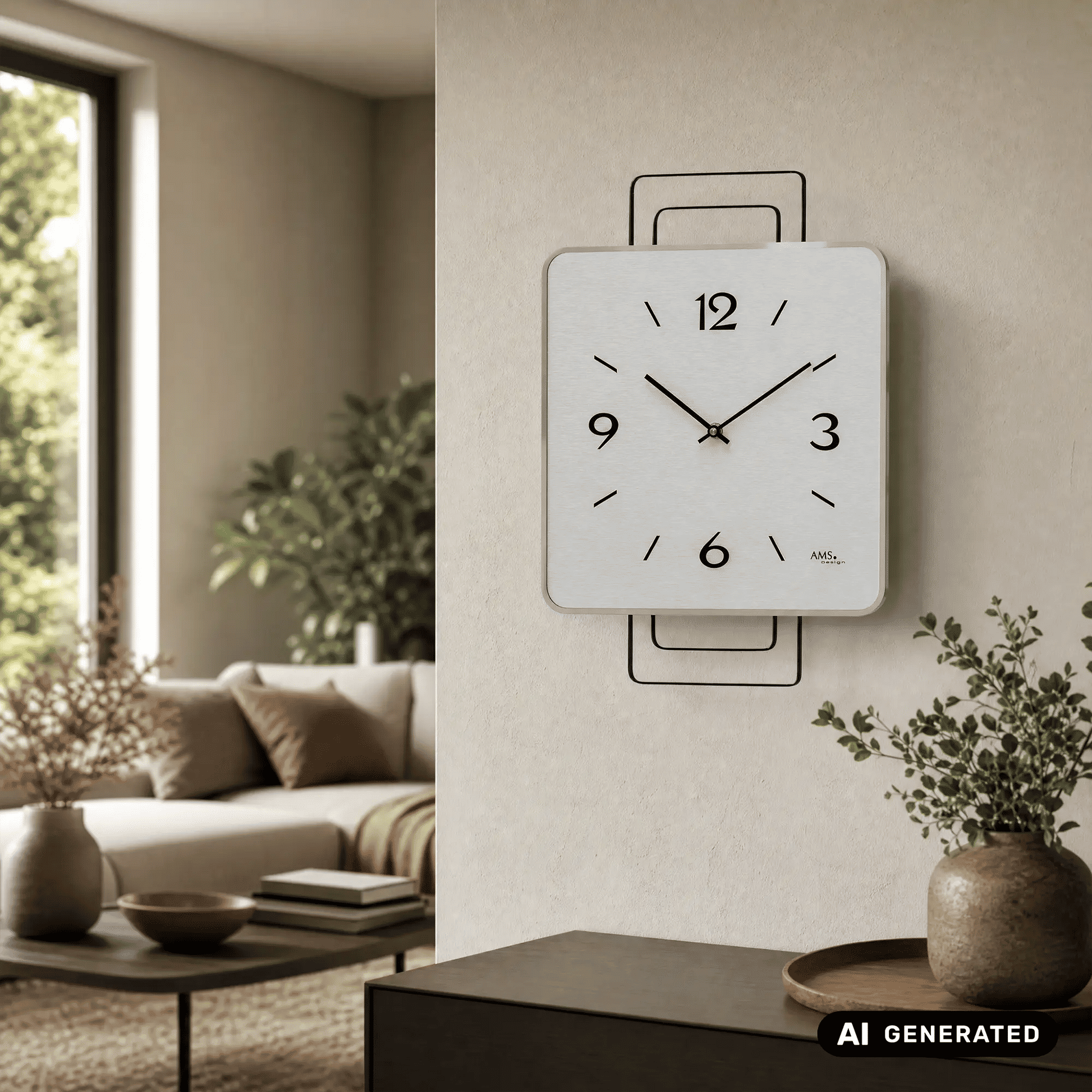 Wanduhr an der Wand mit grauer Front, schwarzen Ziffern und Zeigern