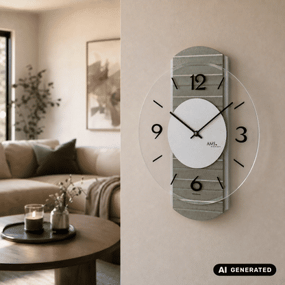 Wanduhr mit grauem Holzgehäuse und transparentem Facettenglas, schwarze Zahlen und Zeiger
