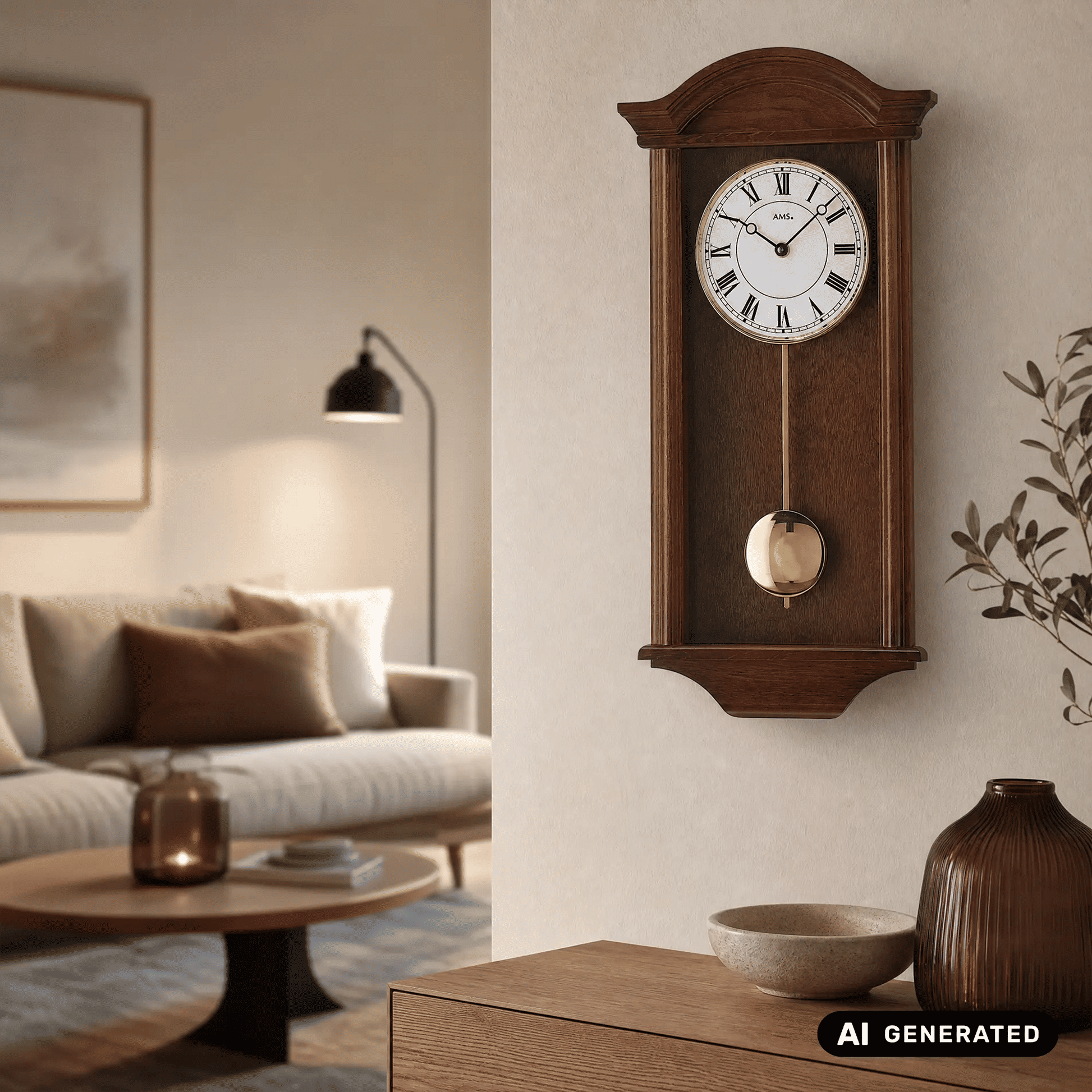 Wanduhr im Nussbaumholz mit römischen Ziffern, AMS-Ziffernblatt und goldenem Pendel