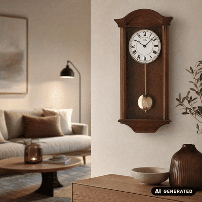 Wanduhr im Nussbaumholz mit römischen Ziffern, AMS-Ziffernblatt und goldenem Pendel