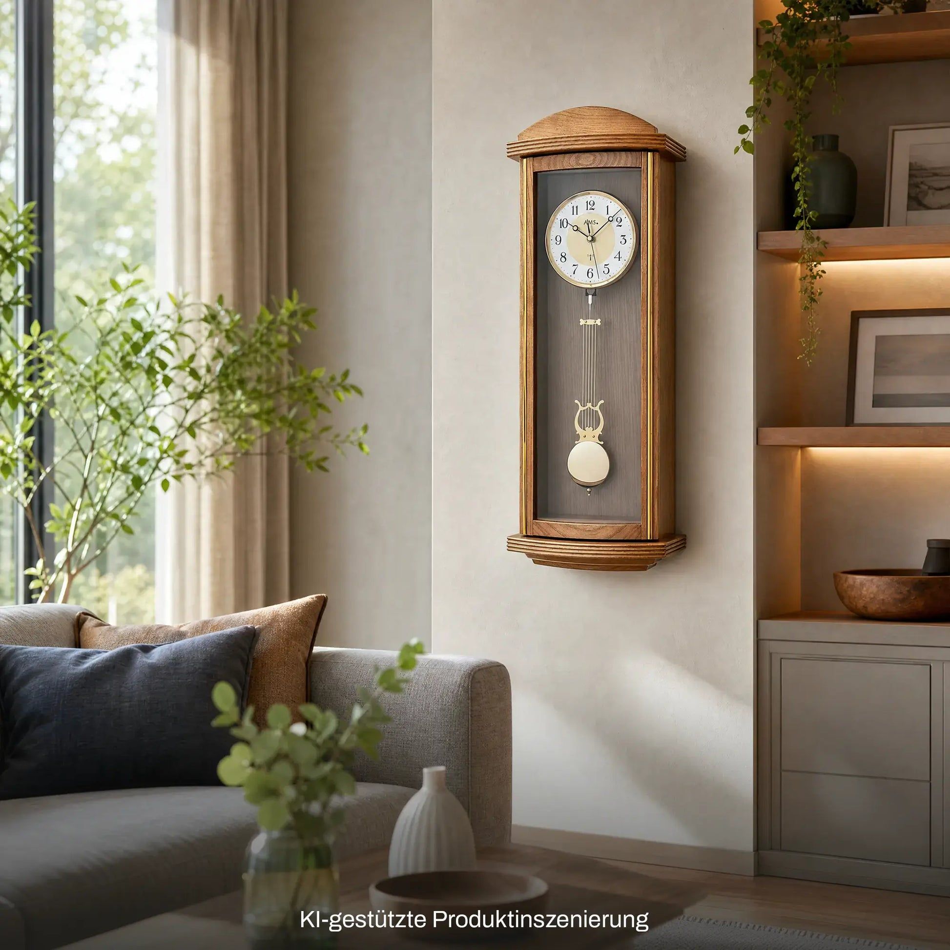Eichelackierte Wanduhr mit Pendel und Holzrahmen, analoges Zifferblatt mit Zahlen